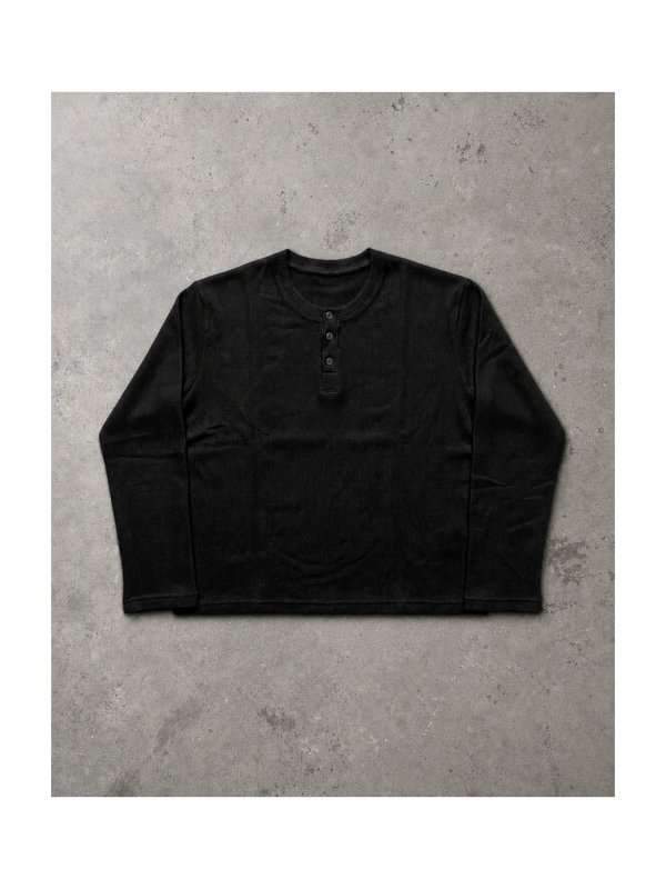 Henley -BLACK WAFFLE KNIT