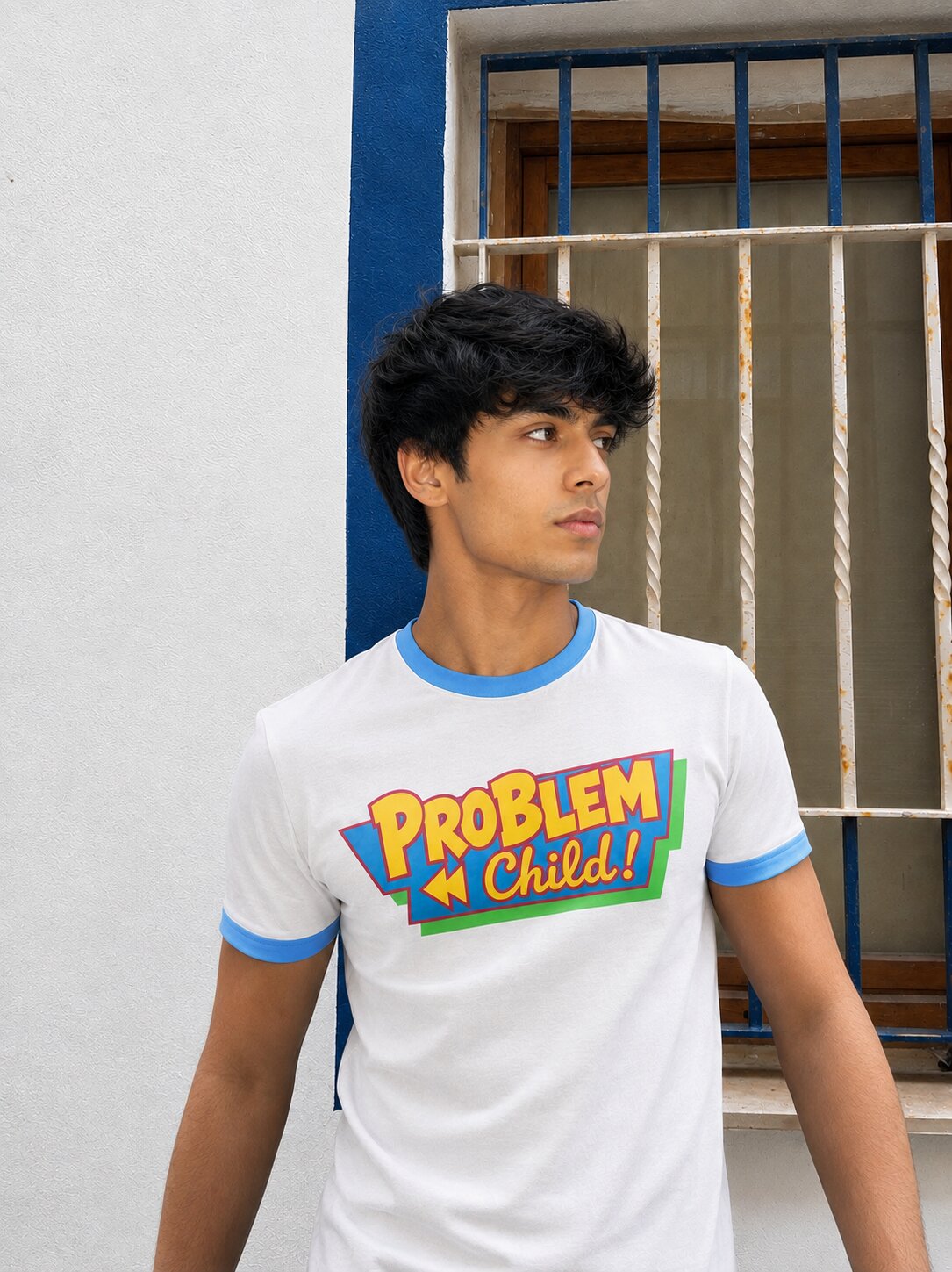 Ringer Tshirt White & Sky Blue