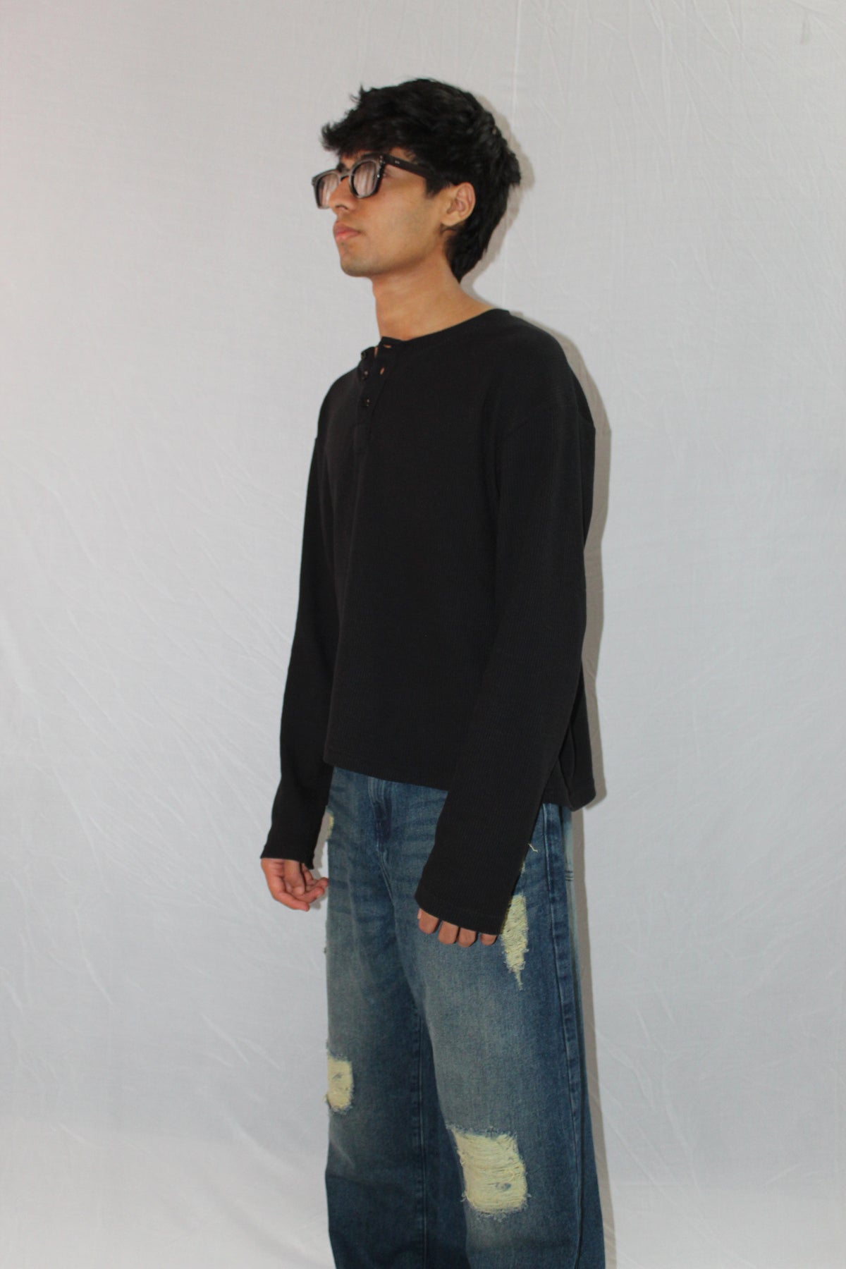 Henley Black Waffle Knit