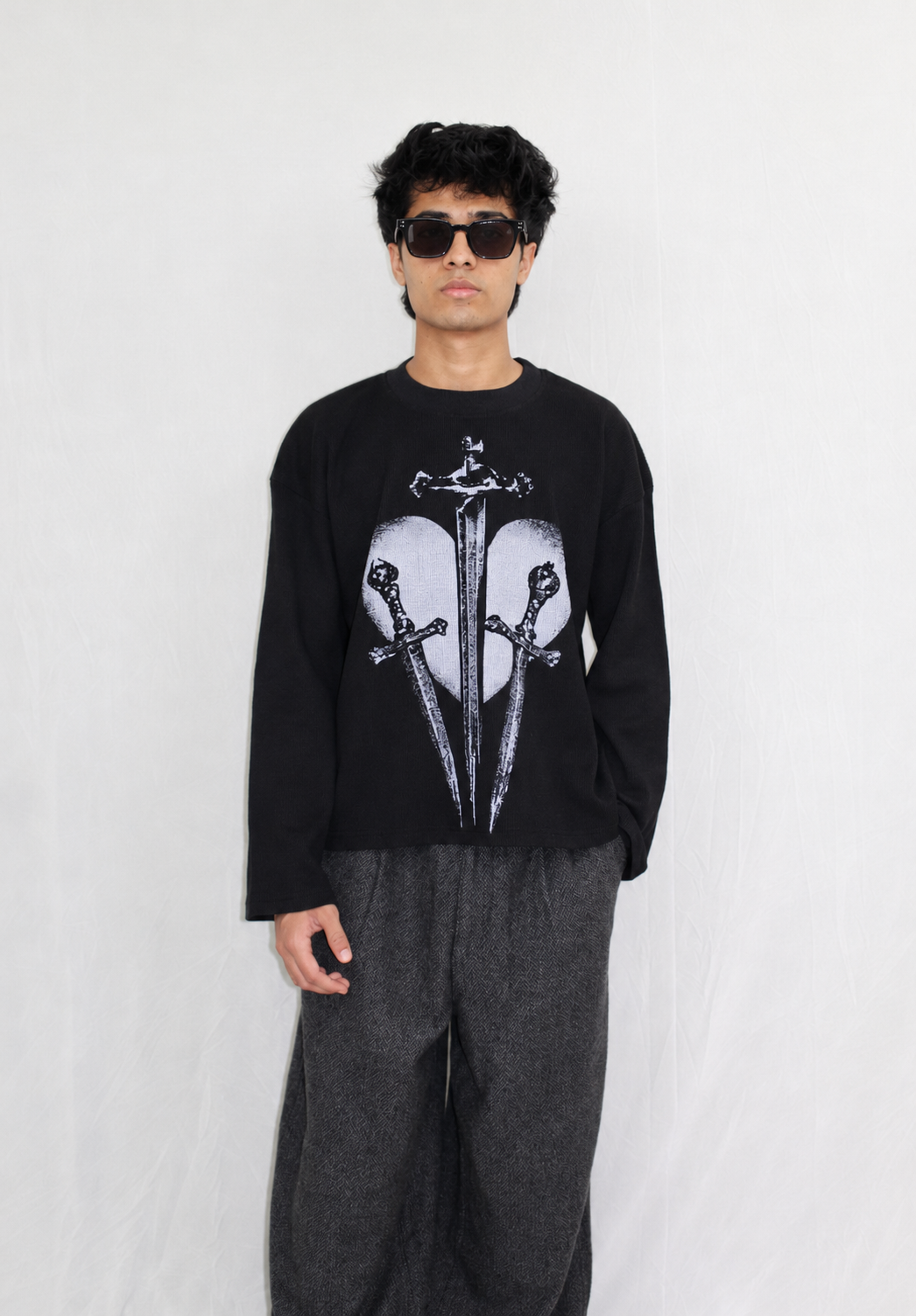 Black Waffle Knit Full Sleeves Tshirt