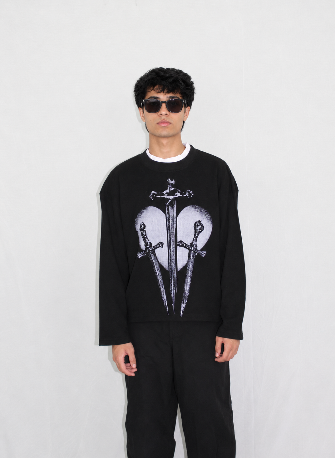 Black Waffle Knit Full Sleeves Tshirt