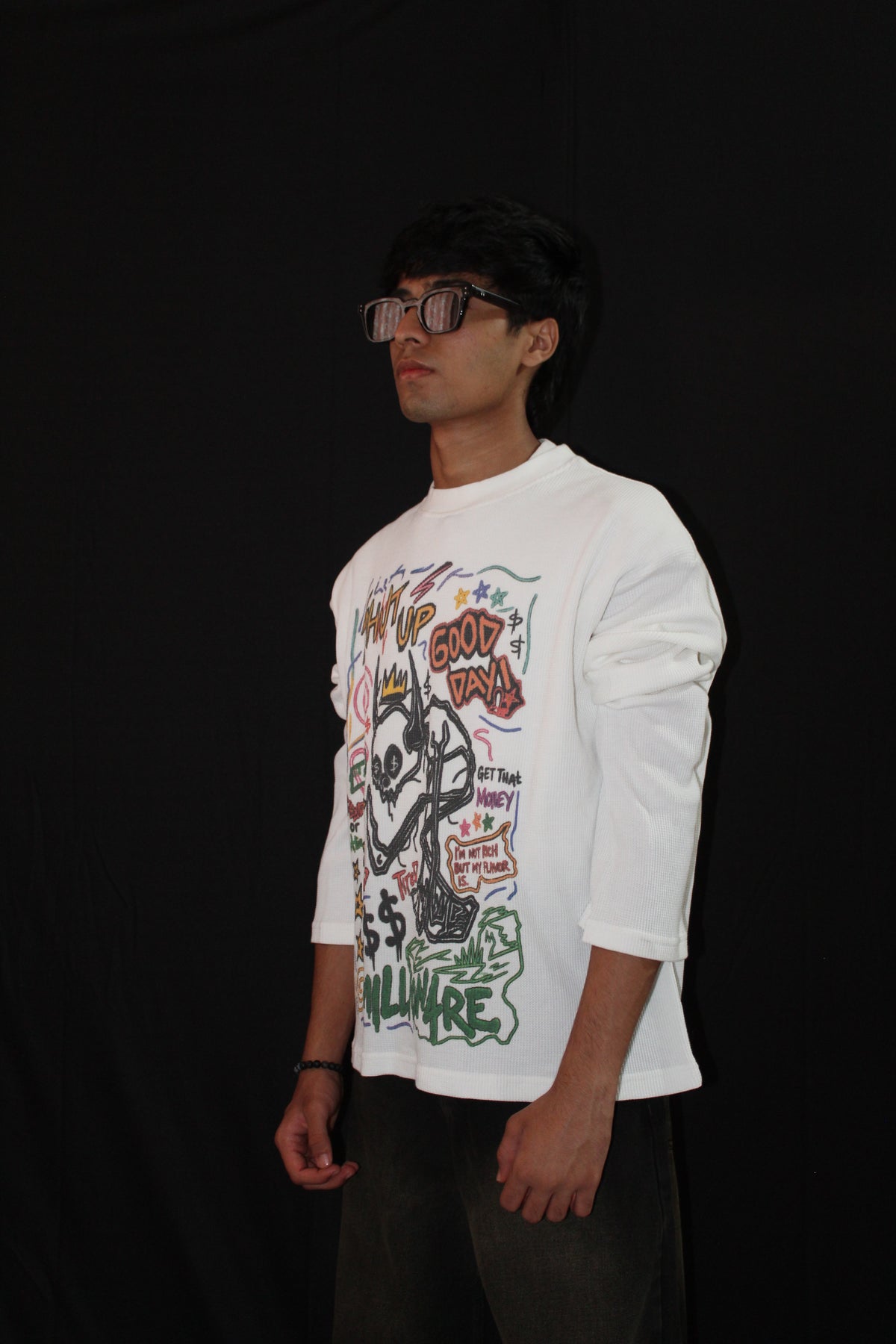 White Waffle Knit Full Sleeves T shirt  -The ART